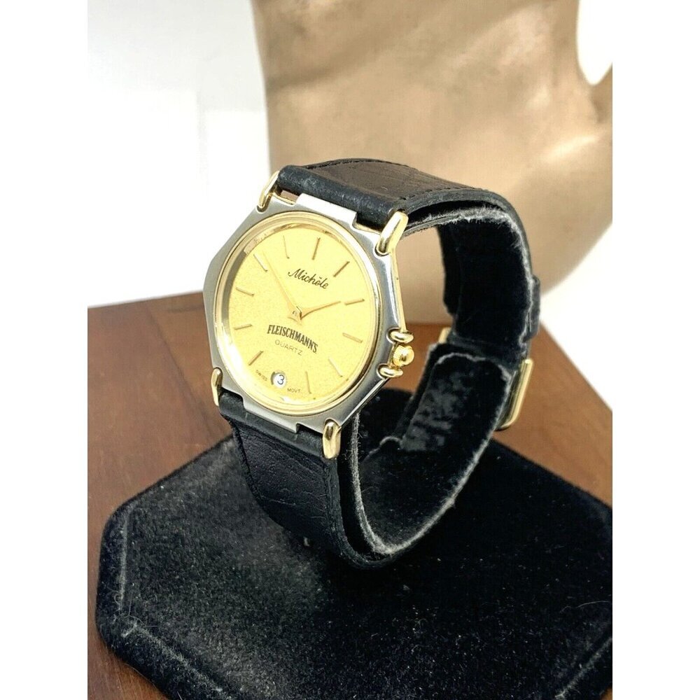 Michele Fleischmann's Womens Watch Swiss Quartz Two Tone Black Leather Band 31mm - Picture 2 of 13